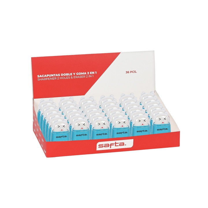 Safta Expositor con 36 Afilaborras - Doble Funcion de Sacapuntas y Goma - Tapa Protectora de Plastico - Deposito para Virutas -