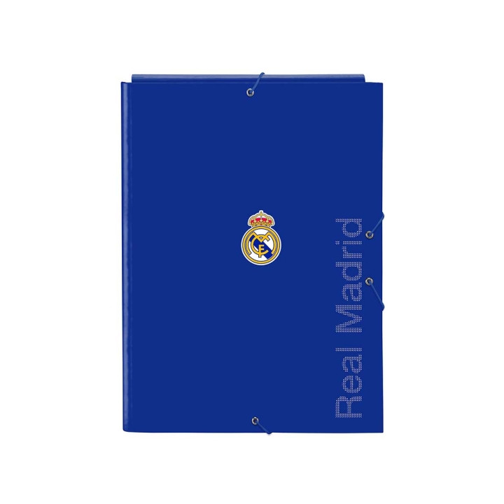 Safta Real Madrid Carpeta con 3 Solapas - Tapas Duras Forradas - Formato Folio - Cierre con Gomas - 260x25x335mm - Color Azul