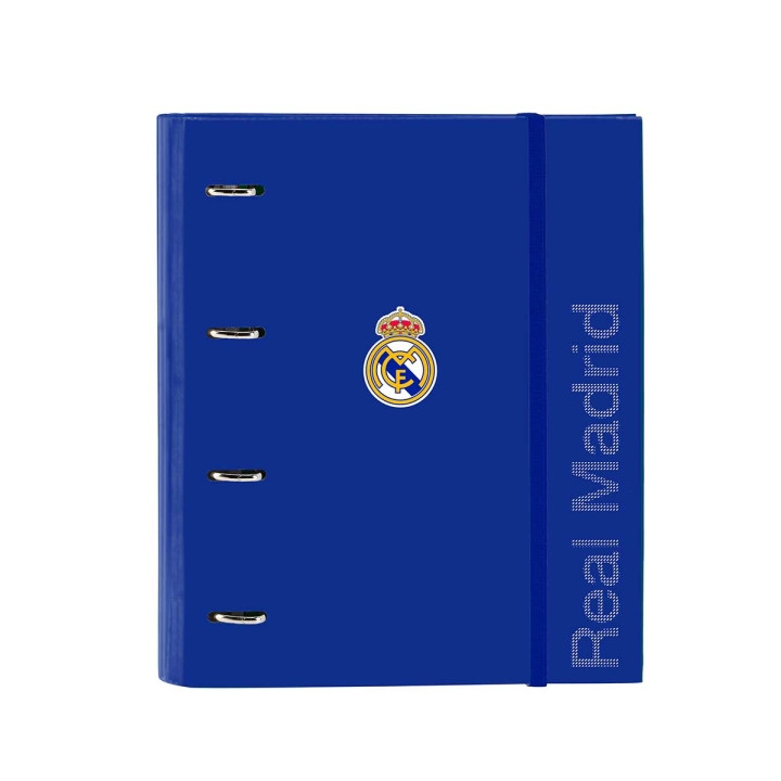 Safta Real Madrid Carpeta con 4 Anillas 35mm - Tapas Duras Forradas - Recambio 100 Hojas - Cuadriculas 5x5mm - Cierre Elastico -