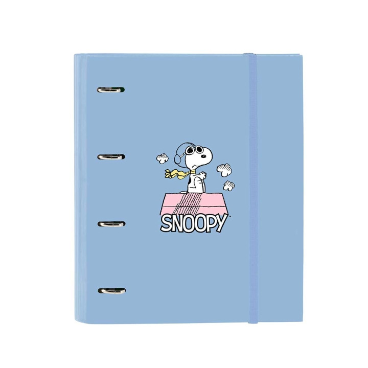 Safta Snoopy Carpeta con 4 Anillas 35mm - Tapas Duras Forradas - Recambio 100 Hojas - Cuadriculas 5x5mm - Cierre Elastico - Incl