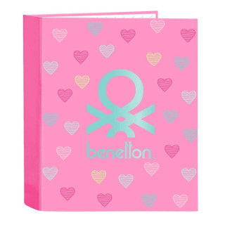 Safta Benetton Heart Carpeta con 4 Anillas 40mm - Tapas Duras Forradas - Formato Folio - 270x60x330mm - Color Rosa