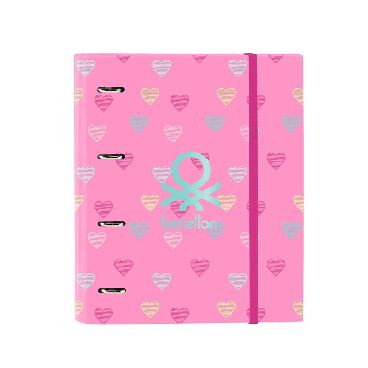 Safta Benetton Heart Carpeta con 4 Anillas 35mm - Tapas Duras Forradas - Recambio 100 Hojas - Cierre Elastico - Incluye Separado