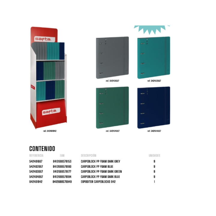 Safta Expositor con 36 Carpetas de 4 Anillas 35mm - Recambio 100 Hojas - Expositor de 3 Estantes - Material PP Foam - 400x380x19