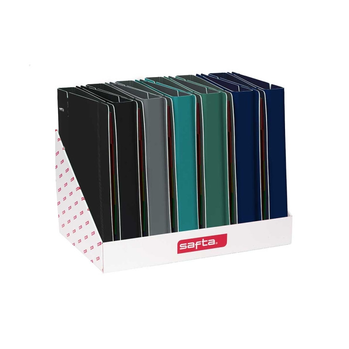 Safta Expositor con 12 Carpetas de 4 Anillas 35mm - Tapas de PP Foam - Cierre Elastico - Ranura para Boligrafo - Incluye 100 Hoj