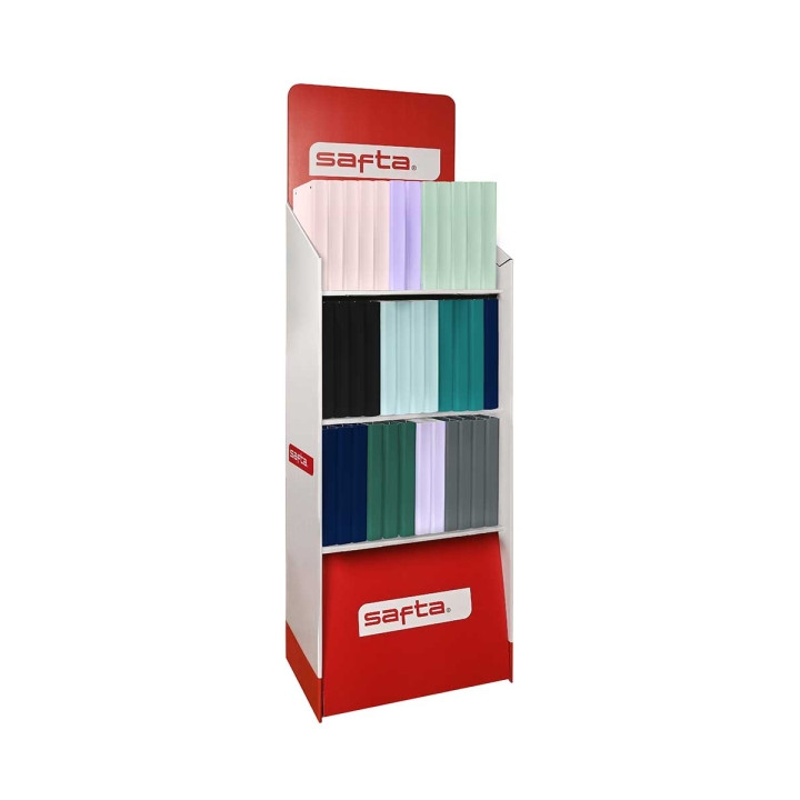 Safta Expositor con 36 Carpetas de 4 Anillas 35mm - Recambio 100 Hojas - 3 Estantes - Tapas de PP Foam - Cierre Elastico - Separ