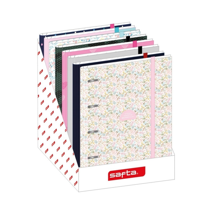 Safta Expositor con 8 Carpetas de 4 Anillas 35mm - Material Resistente - Incluye 100 Hojas por Carpeta - 290x340x340mm - Colores