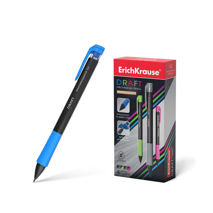 Erichkrause Lapiz Mecanico Draft 20 mm - Ergonomico y Triangular - Boquilla Retractil - Agarre de Goma - con Afilador - Dureza