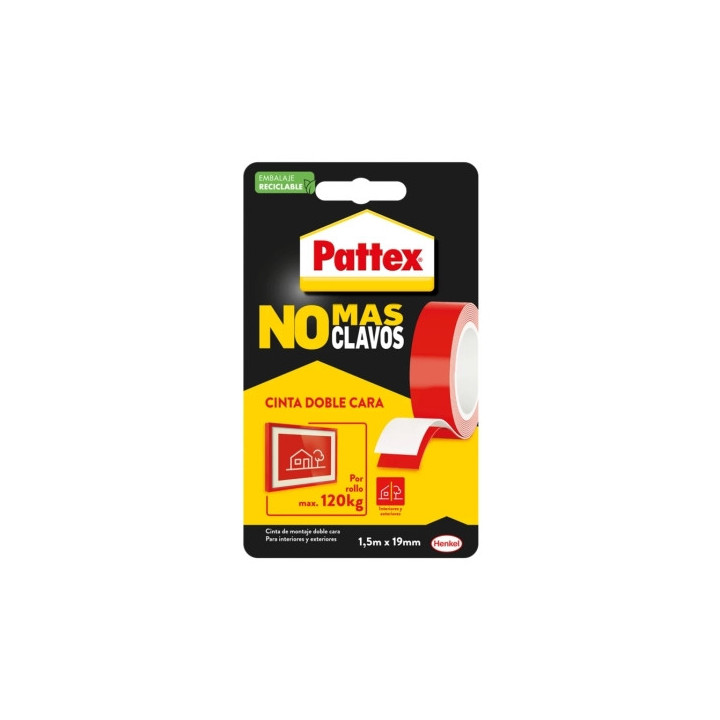 Pattex No mas Clavos Cinta Doble Cara 19mm x 1.5m - Fijacion Rapida y Limpia - Para Objetos Lisos en Interior y Exterior - Colo