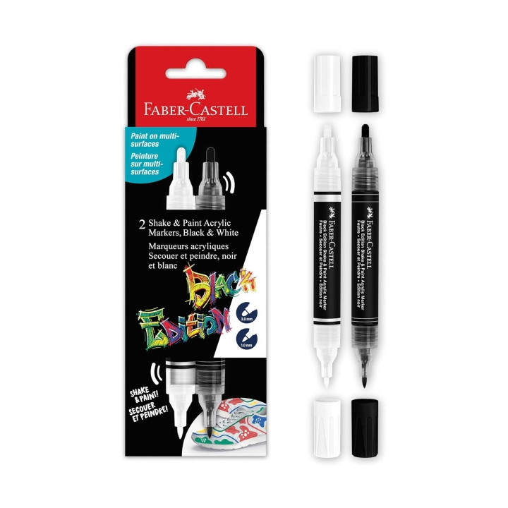 Faber-Castell Shake & Paint Black Edition Pack de 2 Rotuladores Acrilicos Doble Punta - Puntas Redondas de 1mm y 3mm - Tinta Ac