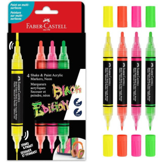Faber-Castell Shake & Paint Black Edition Pack de 4 Rotuladores Acrilicos Doble Punta - Puntas Redondas de 1mm y 3mm - Tinta Ac