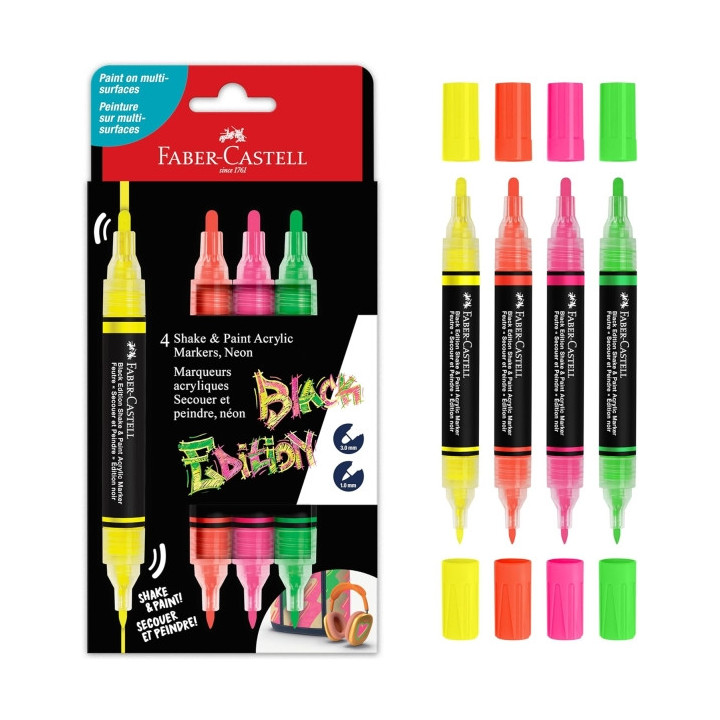 Faber-Castell Shake & Paint Black Edition Pack de 4 Rotuladores Acrilicos Doble Punta - Puntas Redondas de 1mm y 3mm - Tinta Ac