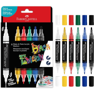 Faber-Castell Shake & Paint Black Edition Pack de 6 Rotuladores Acrilicos Doble Punta - Puntas Redondas de 1mm y 3mm - Tinta Ac