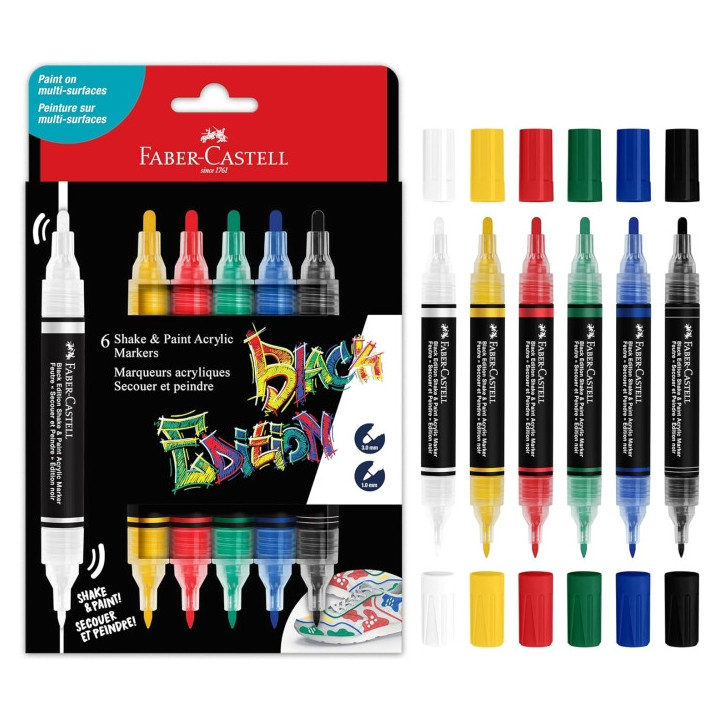 Faber-Castell Shake & Paint Black Edition Pack de 6 Rotuladores Acrilicos Doble Punta - Puntas Redondas de 1mm y 3mm - Tinta Ac