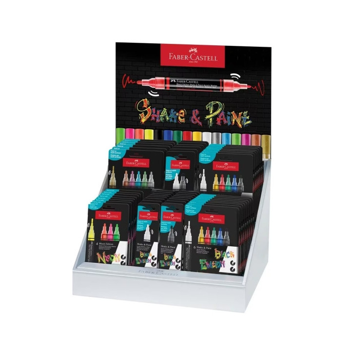 Faber-Castell Shake & Paint Black Edition Expositor con 36 Estuches Surtidos de Rotuladores Acrilicos Doble Punta - Puntas Redo