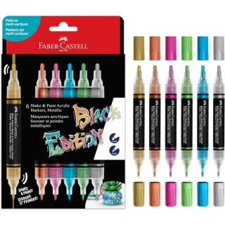 Faber-Castell Shake & Paint Black Edition Pack de 6 Rotuladores Acrilicos Doble Punta - Puntas Redondas de 1mm y 3mm - Tinta Ac