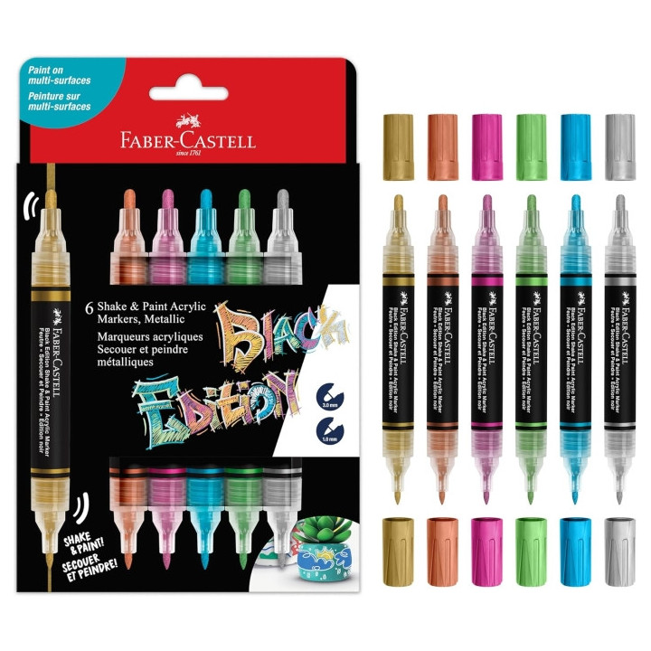 Faber-Castell Shake & Paint Black Edition Pack de 6 Rotuladores Acrilicos Doble Punta - Puntas Redondas de 1mm y 3mm - Tinta Ac