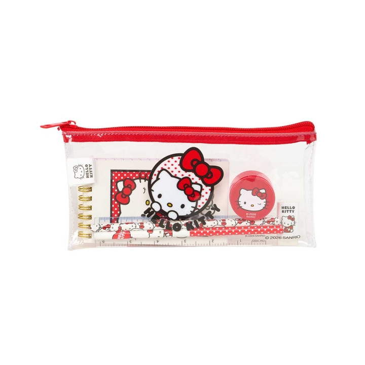Safta Hello Kitty Pack Escolar con Portatodo de PVC - Cierre ZIP - Regla 15cm - 2 Lapices - Sacapuntas - Goma - Bloc de Notas co