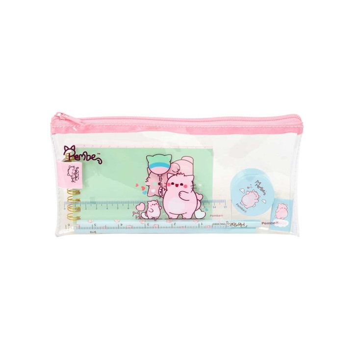 Safta Pembe The Pink Cat Pack Escolar con Portatodo de PVC - Cierre ZIP - Regla 15cm - 2 Lapices - Sacapuntas - Goma - Bloc de N