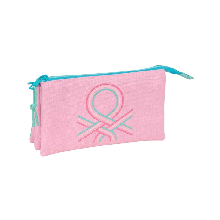 Safta Benetton Dolce Portatodo - 3 Compartimentos con Cremalleras - Bolsillo Interior - 0.6L - 220x30x120mm - Color Rosa Pastel