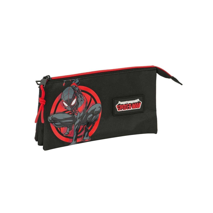 Safta Miles Morales Portatodo - 3 Compartimentos con Cremalleras - Bolsillo Interior - 0.6L - 220x30x120mm - Color Negro y Rojo