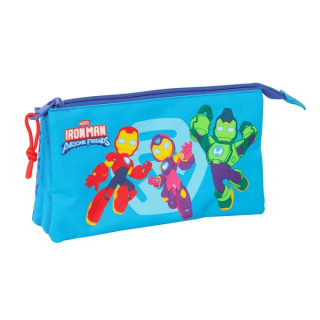 Safta Iron Man Portatodo - 3 Compartimentos con Cremalleras - Bolsillo Interior - 0.60L - 220x30x120mm - Color Azul