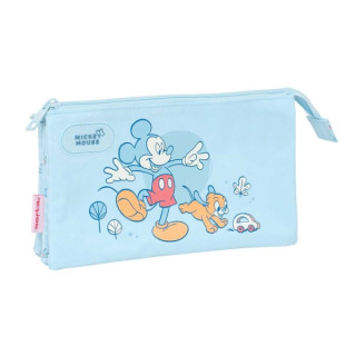 Safta Mickey Mouse Baby Portatodo - 3 Compartimentos con Cremalleras - Bolsillo Interior - 0.6L - 220x30x120mm - Color Azul Clar