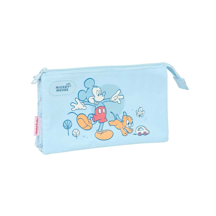 Safta Mickey Mouse Baby Portatodo - 3 Compartimentos con Cremalleras - Bolsillo Interior - 0.6L - 220x30x120mm - Color Azul Clar