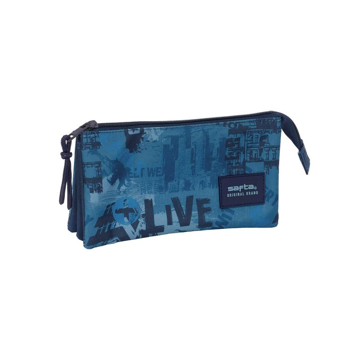 Safta New Edition Portatodo - 3 Compartimentos con Cremalleras - Bolsillo Interior - 0.6L - 220x30x120mm - Color Azul
