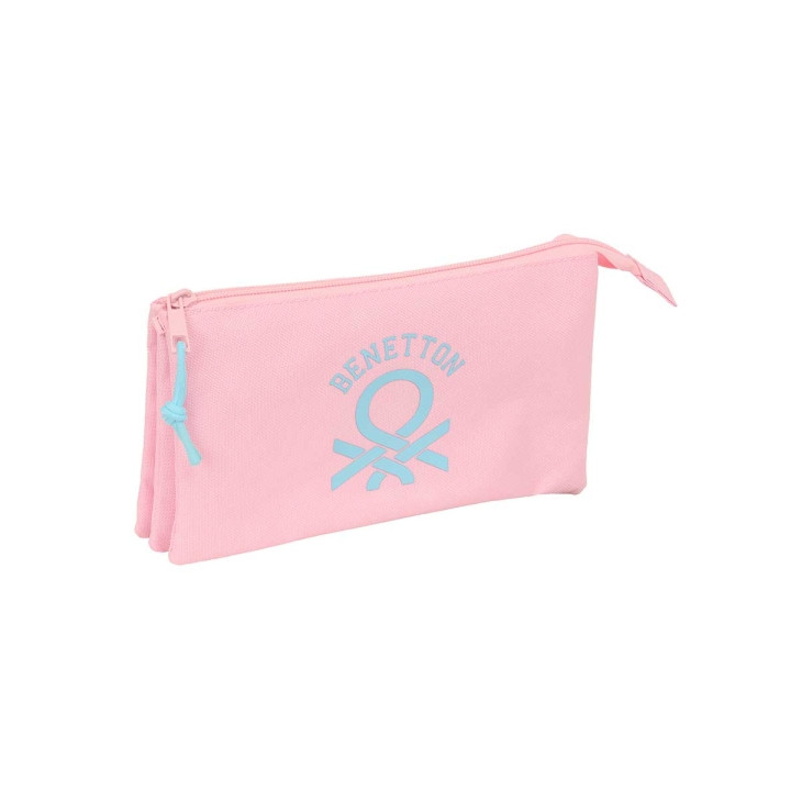 Safta Benetton Basics Portatodo - 3 Compartimentos con Cremalleras - Bolsillo Interior - 0.6L - 220x30x120mm - Color Rosa Pastel