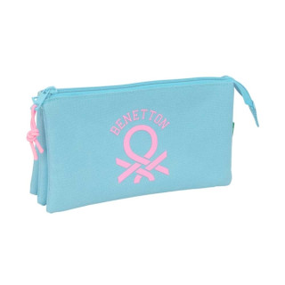 Safta Benetton Basics Celeste Portatodo - 3 Compartimentos con Cremalleras - Bolsillo Interior - 0.6L - 220x30x120mm - Color Azu