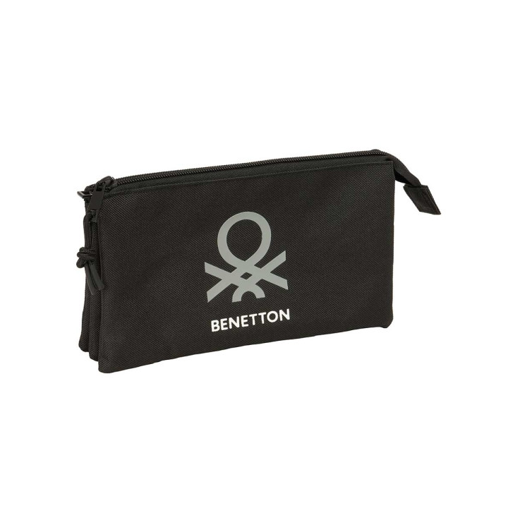 Safta Benetton Basics Portatodo - 3 Compartimentos con Cremalleras - Bolsillo Interior - 0.6L - 220x30x120mm - Color Negro