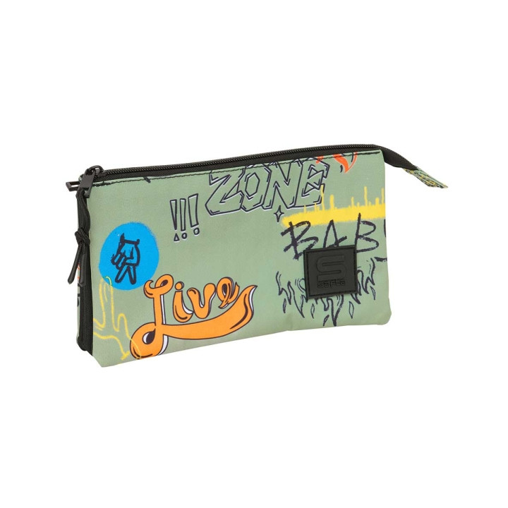 Safta Graffiti Zone Portatodo - 3 Compartimentos con Cremalleras - Bolsillo Interior - 0.60L - 220x30x120mm - Color Verde
