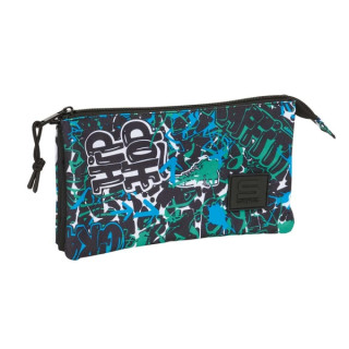 Safta Graffiti Go Portatodo - 3 Compartimentos con Cremalleras - Bolsillo Interior - 0.60L - 220x30x120mm - Color Azul Oscuro
