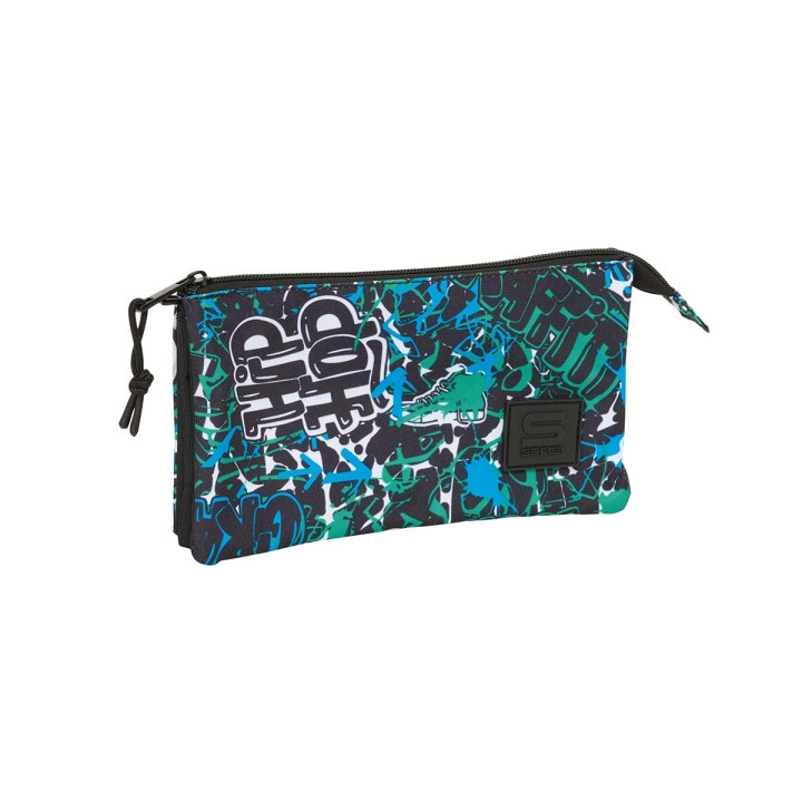 Safta Graffiti Go Portatodo - 3 Compartimentos con Cremalleras - Bolsillo Interior - 0.60L - 220x30x120mm - Color Azul Oscuro