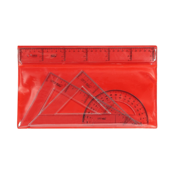 Safta Pack de 4 Reglas - Regla de 30cm - Escuadra de 25cm - Cartabon de 25cm - Semicirculo de 15cm - Color Transparente