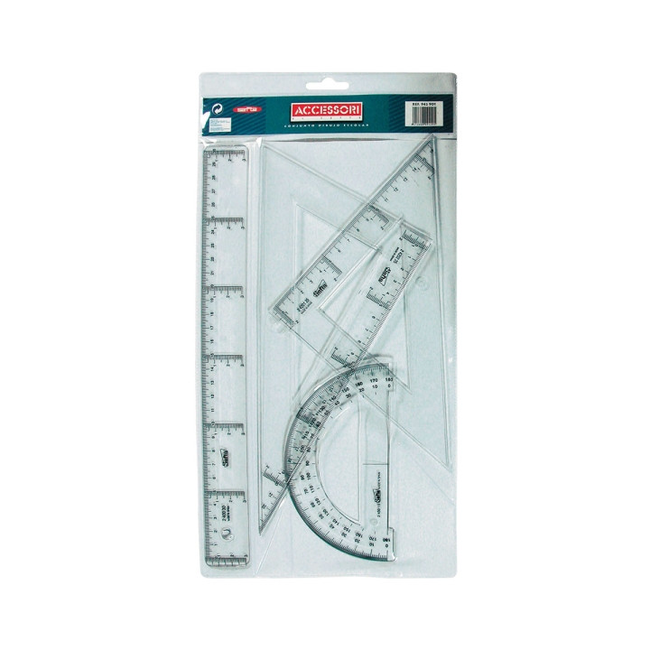Safta Pack de 4 Reglas - Regla de 30cm - Escuadra de 25cm - Cartabon de 25cm - Semicirculo Transportador de Angulos - Biselado -