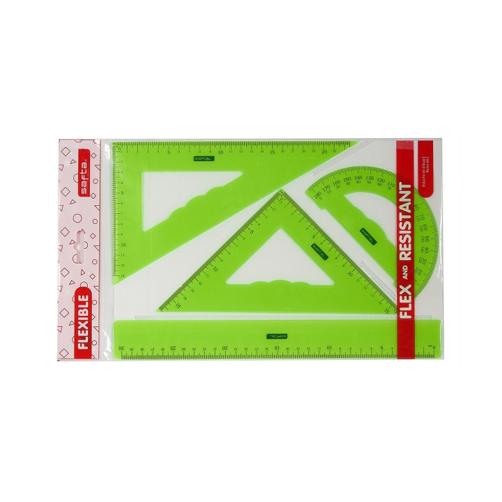 Safta Pack de 4 Reglas - Regla de 30cm - Escuadra de 25cm - Cartabon de 25cm - Semicirculo Transportador de Angulos - Colores Su