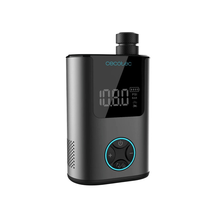 Cecotec Mini Air Max Inflador de Ruedas - Potencia hasta 150psi - Doble Bateria de 600mAh - 4 Boquillas Adaptables - Pantalla LC