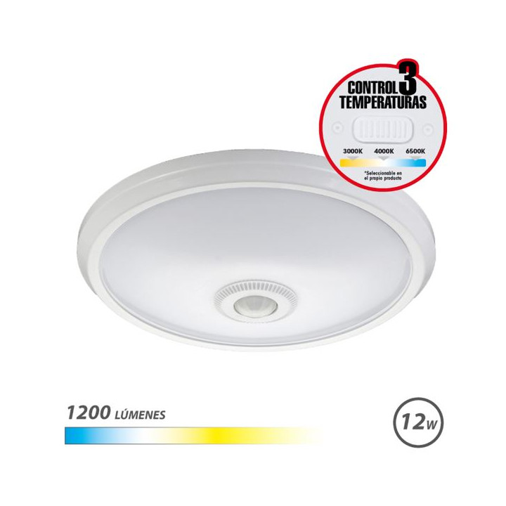 Elbat Aplique de Superficie LED 12W - 1200Lm - Selector 3 Temperaturas - Sensor de Luz Ambiental - Temporizador - Color Blanco