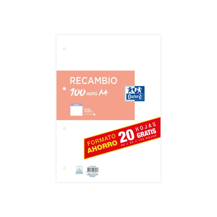 Oxford Classic Recambio de 100 Hojas Sueltas A4 Liso 4 Taladros