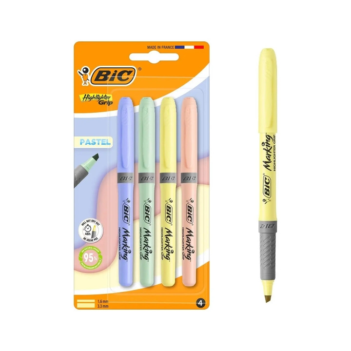 Bic Highlighter Grip Pack con 4 Marcadores Fluorescentes Pastel - Punta Biselada - Trazo entre 1.60 y 3.30 mm - Grip Texturizado