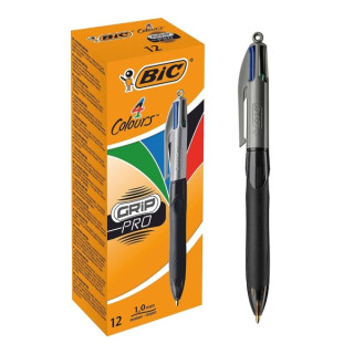 Bic 4 Colours Grip Pro Boligrafo de Bola Retractil - Punta de 1mm - Trazo de 0.4mm - Tinta con Base de Aceite - Cuerpo Negro con