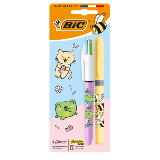 Bic 4 Colours Decors Kawaii Pack con 1 Boligrafo de Bola Retractil Pastel + 1 Marcador Highlighter Grip Pastel de Color Aleatori