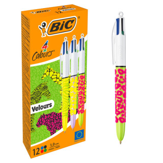 Bic 4 Colours Velours Boligrafo de Bola Retractil - Punta Media de 1.0mm - Tinta con Base de Aceite - Cuerpo con Relieve Suave a