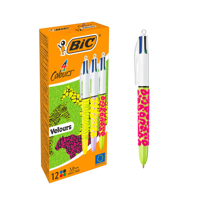 Bic 4 Colours Velours Boligrafo de Bola Retractil - Punta Media de 1.0mm - Tinta con Base de Aceite - Cuerpo con Relieve Suave a