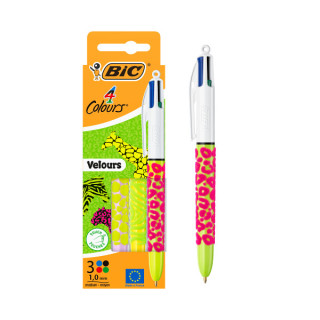 Bic 4 Colours Velours Pack con 3 Boligrafo de Bola Retractil - Punta Media de 1.0mm - Tinta con Base de Aceite - Cuerpo con Reli