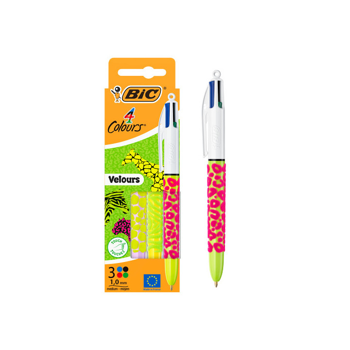 Bic 4 Colours Velours Pack con 3 Boligrafo de Bola Retractil - Punta Media de 1.0mm - Tinta con Base de Aceite - Cuerpo con Reli
