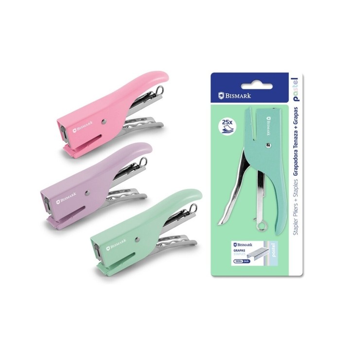 Bismark Grapadora de Tenaza + 1000 Grapas 24/6 - Capacidad de Grapado 25 Hojas - Diseño Ergonomico - Alta Durabilidad - Colores