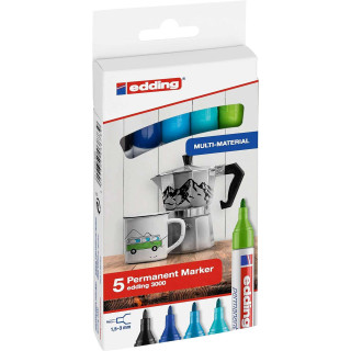 Edding 3000 Pack de 5 Rotuladores Permanentes Colores Frios - Punta Redonda de 1.5mm - Trazo entre 1.5 y 3mm - Recargable - Sec