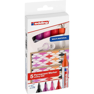 Edding 3000 Pack de 5 Rotuladores Permanentes Colores Calidos - Punta Redonda de 1.5mm - Trazo entre 1.5 y 3mm - Recargable - S